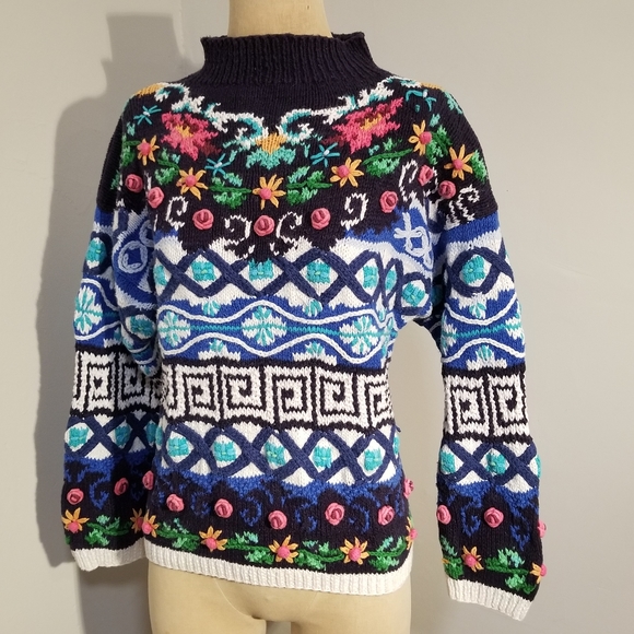 VINTAGE HAND KNIT SWEATER JENNIFER REED CHUNKY 90S SIZE M 🌺 FLORAL GEOMETRIC 3D - Picture 4 of 11